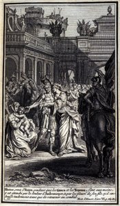 Héctor, que llegó a Troya mientras los griegos y los troyanos estaban en sus manos, fue afligido por el dolor de Andrómaca, y por el llanto de su hijo, a quien besó tiernamente antes de regresar a la batalla. Ilustración del libro VI de la Ilíada de Homero