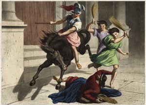 Heliodoro fue expulsado del templo: por orden de su gobernante, intentó sin éxito apoderarse de los tesoros del templo de Jerusalén. Grabado anónimo de mediados del siglo XIX.