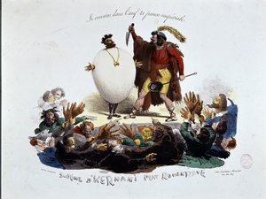 El sublime, plato romántico de Hernani - caricatura sobre la obra de Victor Hugo "Hernani" ("La Batalla de Hernani"), litografía anónima