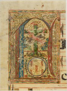 Inicial "N" historiada con crucifijo de un manuscrito