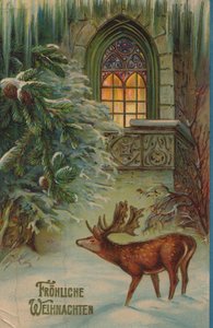 Tarjeta de Navidad histórica con motivo de invierno con el ciervo y la iglesia de Unknown artist
