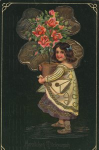 Tarjeta de felicitación histórica con un niño y una gran planta en maceta, rosa de Unknown artist