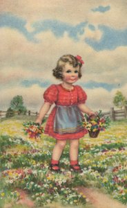 Tarjeta postal histórica con una niña feliz en la pradera, tarjeta de felicitación de Unknown artist