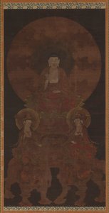 Buda histórico Shakyamuni con los bodhisattvas Fugen (Samantabhadra) y Monju (Manjushri) de Unknown artist