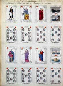 Cartas de juego históricas que representan grandes personajes de la historia, arte, literatura, religión. Siglo XIX.
