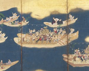Hiyoshi-Sann? Festival (tinta, color y pan de oro sobre papel, pantalla de seis paneles) de Unknown artist