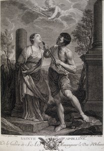 Santa Apolonia durante las persecuciones le rompen los dientes porque se negó a rendir homenaje a los dioses romanos. Grabado del siglo XVII.