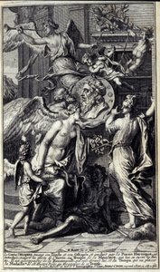 El genio de Homero, sosteniendo su Ilíada y su Odisea, y guiado por la poesía heroica, es introducido, a pesar de los esfuerzos de la Envidia, al templo de la memoria, que abre sus puertas. Lo acompaña la Fama que vuela delante de él, y el Tiempo, que colo