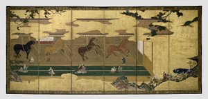 Caballos en los establos (Umaya-zu byobu) de Unknown artist