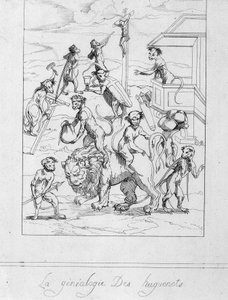 Genealogía hugonote: caricatura de protestantes en monos