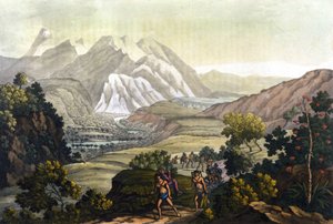 Humboldt y Bonpland cruzan la montaña de Quindiu en sillas de transporte. Del viaje a los Andes de Alexander Von Humboldt