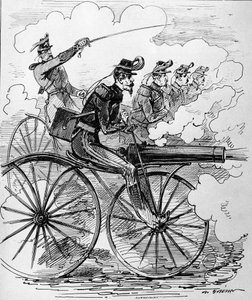 Grabado humorístico: Velocipedomanía aplicada a ametralladoras - siglo XIX