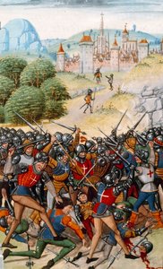 Guerra de los Cien Años: La batalla de Pontvallain entre franceses e ingleses el 4/12/1370. Miniatura de “Crónicas” de Jean Froissart (1337-1400) siglo XV, París, B.N. de Unknown artist