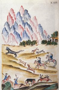 Caza de gato montés en las montañas, del libro "Trujillo del Perú" o "Códice Martínez Compañón", por Baltazar Martínez Compañón y Bujanda, obispo de Trujillo (1782-1785)