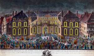 Iluminaciones del palacio episcopal de la ciudad de Estrasburgo durante las celebraciones dadas por la ciudad durante la estancia del Rey Luis XV (1710-1774) en convalecencia tras una grave enfermedad el 5/10/1744. Estampa de época Colección privada de Unknown artist