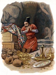 Ilustración para los Cuentos de las Mil y Una Noches. Ali Baba entra en la roca, diciendo, Sésamo ábrete y ve barriles de oro. Cromolitografía alrededor de 1890 de Unknown artist