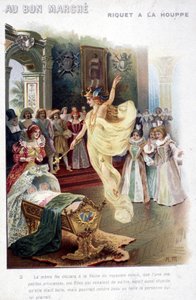 Ilustración del cuento "Riquet à la houppe" de Charles Perrault (1697): el hada anuncia a la Reina que la princesa que acaba de nacer será tan estúpida como hermosa. Cartel "Au bon marché" del siglo XIX. de Unknown artist