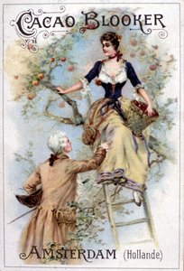 Ilustración publicitaria para el cacao Blooker representando a un joven a la moda del siglo XVIII ayudando a una joven a bajar de una escalera.