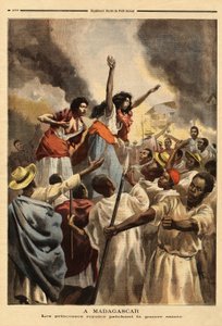En Madagascar, la princesa real (la hermana y tía de la reina) predica la guerra santa contra Francia. Grabado en "Le petit journal" 9/09/1894. Colección Selva de Unknown artist