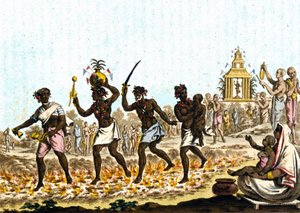 India. Fakires caminando sobre carbones incandescentes. Grabado del siglo XIX