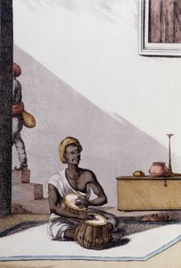 Cultura y civilización india: músico tocando tablas, instrumento musical tradicional, India. Grabado de 1808. de Unknown artist