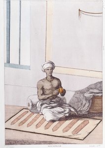 Cultura, civilización y sociedad india: músico con percusión tradicional india. Grabado de 1808.