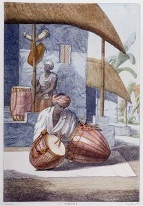 Cultura, civilización y sociedad india: músico con percusión tradicional india (Tikora). Grabado de 1808. de Unknown artist