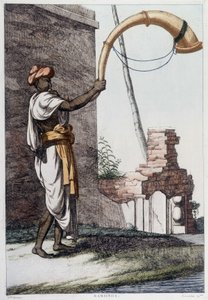 Cultura, civilización y sociedad india: músico con instrumento de viento tradicional indio (Sournae). Grabado de 1808. de Unknown artist