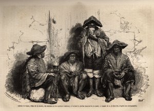 Indios de Cuzco (Perú), vestidos con manta, sandalias y sombrero tradicional, empleados como mano de obra para la explotación de depósitos de guano en las Islas Chincha, bebiendo chicha, un aguardiente fermentado. Grabado para ilustrar Les iles Chincha, r de Unknown artist