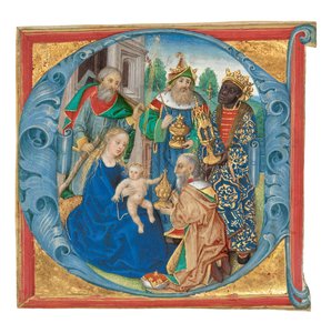 Inicial E: La adoración de los Reyes Magos