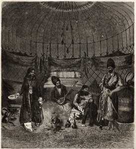 Dentro de una tienda turca (Turkmena, Irak), hogar de una familia, con un barhchi (músico, narrador) acompañado por el dutare para cantar o recitar poesía, estos artistas son muy apreciados. Grabado para ilustrar la historia de Henri de Blocqueville “14 me