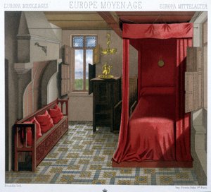 Interior de una casa en los siglos XV y XVI. En "Le costume historique" por A. Racinet