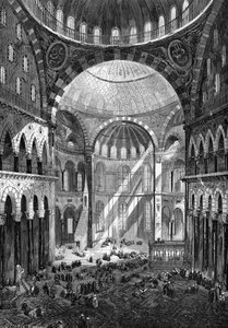 Vista interior de la mezquita de Santa Sofía (Hagia Sophia) (arte bizantino del siglo VI) en Constantinopla en 1858. de Unknown artist