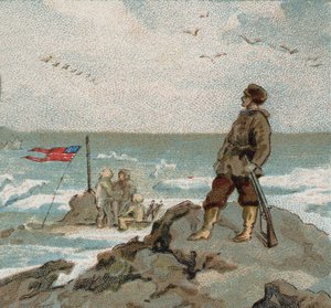 Isaac Israel Hayes (1832-1881) portando la bandera estadounidense en las costas del mar polar. Cromo de finales del siglo XIX. de Unknown artist