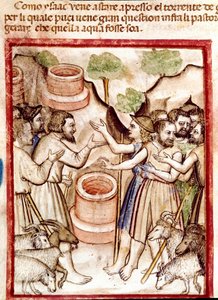 Isaac cava pozos en el valle de Guerar y los pastores del valle lo buscan para pelear (Miniatura del códice 212 o Biblia de Padua) 1390-1400 Rovigo, Accademia dei Concordi de Unknown artist