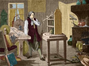 James Watt estudiando el perfeccionamiento de la máquina de Newcomen (1767) (máquina de vapor) - en “Álbum de Ciencia; científicos ilustres; Grandes descubrimientos” 1896. de Unknown artist