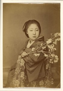 [Mujer japonesa sosteniendo una rama de prunus en flor]