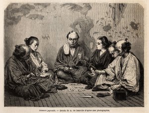 Jugadores japoneses en medio de cartas. Grabado para ilustrar Japón, historia de viaje por Aime Humbert, ministro de la Confederación Suiza, en 1863-1864, publicado en 
