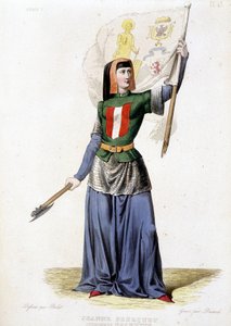 Jeanne Laisné, conocida como Jeanne Fourquet, apodada Jeanne Hachette Heroína francesa (1456?). Grabado de 1835 de Unknown artist