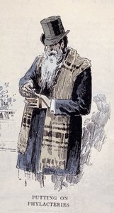 Religión judía: un anciano judío con el talit (Talit o Tzitzit), grabado de 1890 de Unknown artist