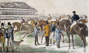 Jinetes y sus caballos antes de la carrera - grabado, c. 1850 de Unknown artist