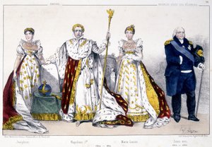 Joséphine, Napoleón I, Marie Louise y Luis XVIII - en "La Monarchie française en estampes" de Unknown artist