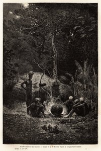 Kanaks cocinando en el bosque, en el territorio de Pamale. Grabado para ilustrar el viaje a Nueva Caledonia, por Jules Garnier, ingeniero civil de minas, en 1863-1866, publicado en “Le tour du monde, nouveau journal des voyages”, editado por Edouard Charto de Unknown artist