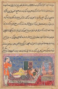 Khalis recompensa al príncipe por su amabilidad transformándose en serpiente y succionando el veneno de la hija del rey, de un Tuti-nama (Cuentos de un Loro): Decimoctava Noche de Unknown artist