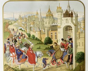 "Rey de Francia Carlos IV recibió la visita de su hermana la Reina de Inglaterra Isabel de Francia (1292-1358), esposa de Eduardo II, quien vino a refugiarse" Según las crónicas de Jean Froissart. Siglo XIX. Barcelona. Sant Jordi Catalán Real de Unknown artist