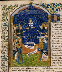 Rey de Francia Carlos VII (1403-1461) y su corte. A la derecha: Jean d