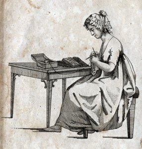 Máquina de tejer: mujer ocupada tejiendo lana. Grabado finales del siglo XVIII. Colección privada. de Unknown artist