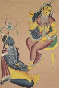 Krishna acariciando los pies de Radha