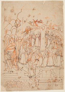 Krishna observa a las lecheras dando vueltas alrededor de un árbol sagrado: el mes de Jyestha (mayo-junio), de un Baramasa (Los doce meses) de Unknown artist