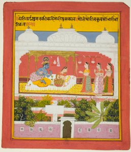 Krishna y Radha en un pabellón, de una copia de los Setecientos versos (Sat Sai) de Bihari de Unknown artist